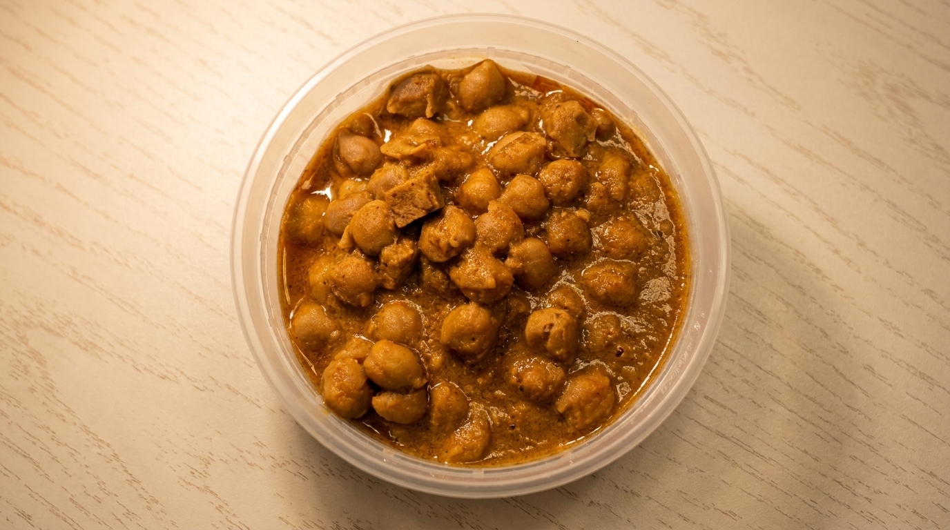 A close-up, overhead view of a plastic container filled with chana masala, a chickpea curry.