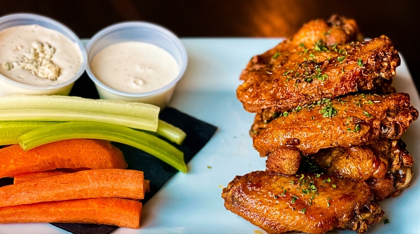 Crispy chicken wings with celery, carrots, and two dipping sauces on a light blue plate.