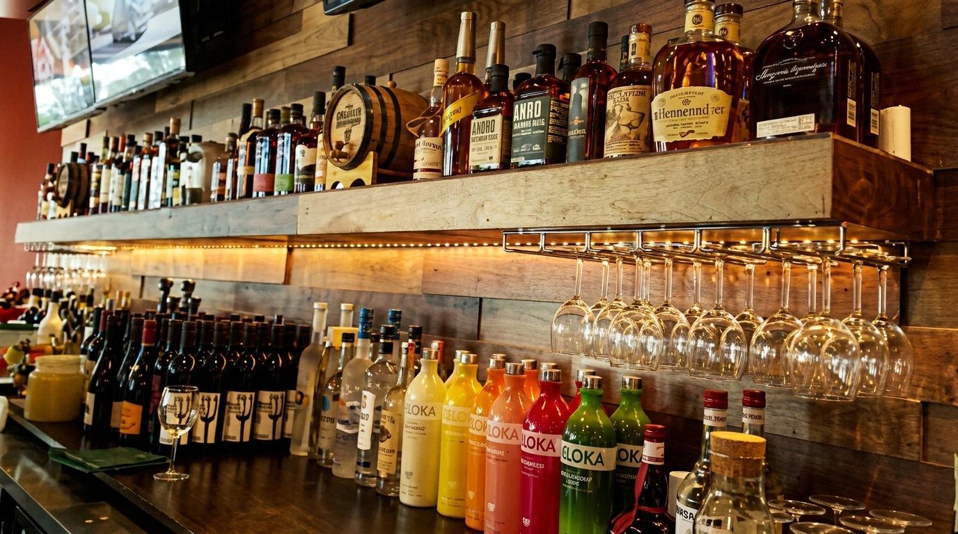A well-stocked bar with bottles of liquor, wine, and colorful mixers on wooden shelves and counters.
