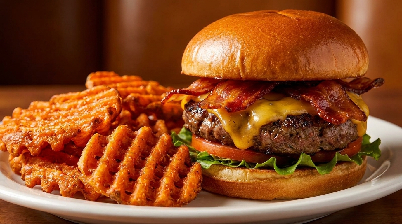 A juicy bacon cheeseburger with lettuce and tomato, served alongside crispy waffle fries on a white plate.