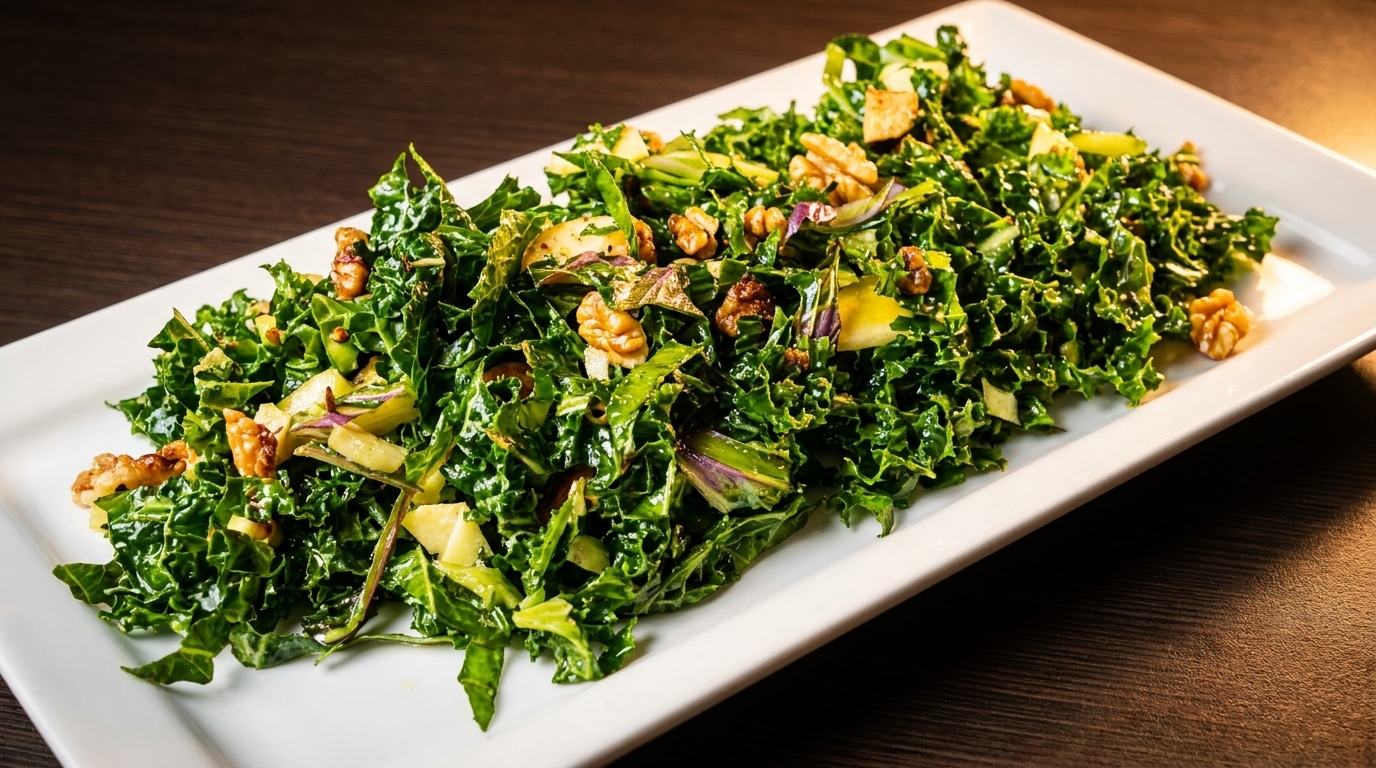 Kale salad with walnuts, apples, and red onion on a white rectangular plate.