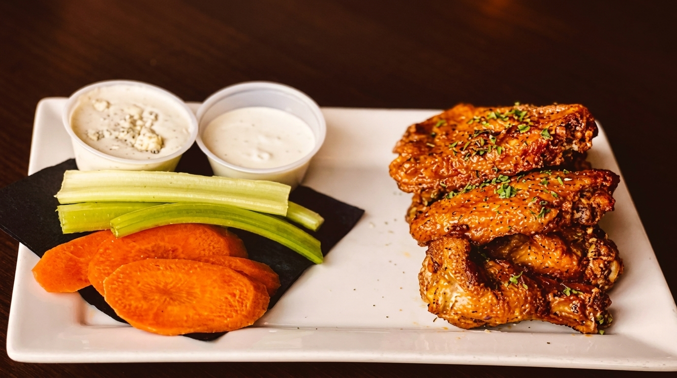 Crispy chicken wings with celery, carrot slices, and two dipping sauces on a white plate.