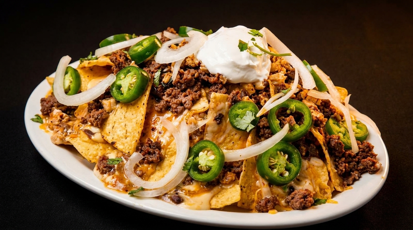 A plate of nachos with ground beef, melted cheese, jalapeños, onions, and a dollop of sour cream.