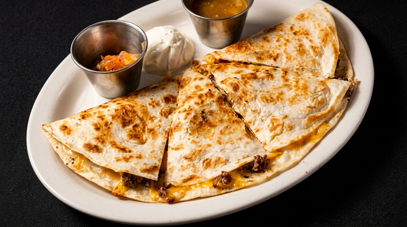 A white plate holds a sliced quesadilla with meat and cheese, served with salsa, sour cream, and sauce.