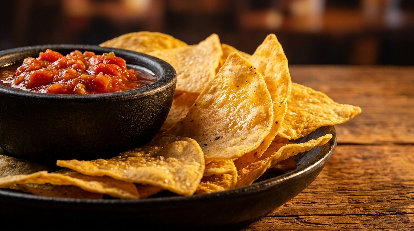 A black bowl of chunky red salsa sits among a pile of golden tortilla chips on a wooden table.