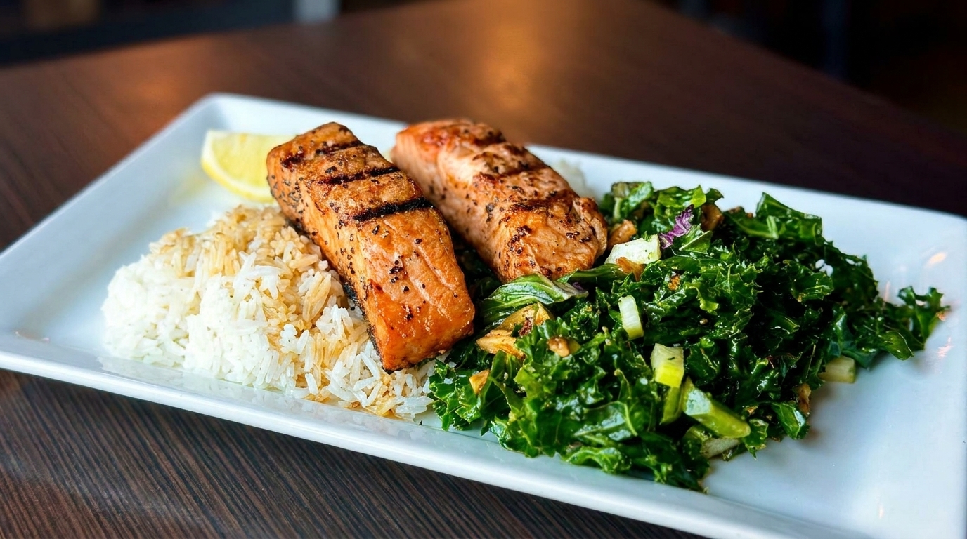 Grilled salmon fillets with rice, a lemon wedge, and a side of kale salad on a white plate.
