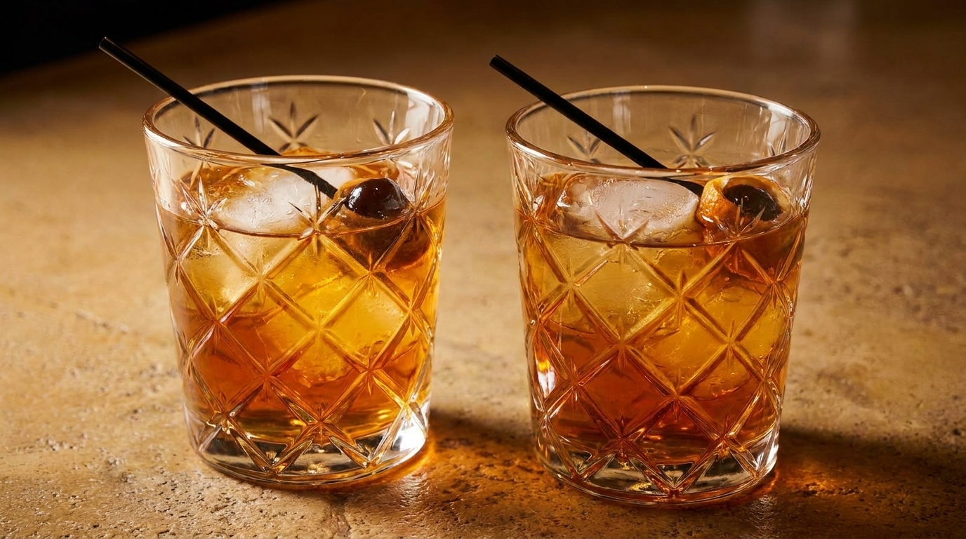 Two amber cocktails in patterned glasses with ice, cherries, and black straws on a textured surface.