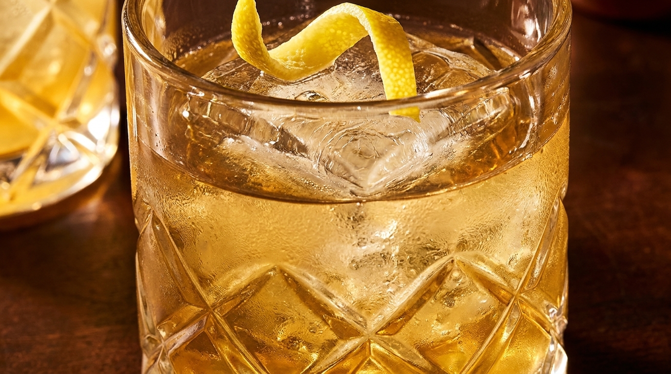 Close-up of an Old Fashioned cocktail in a cut glass, garnished with a lemon peel.