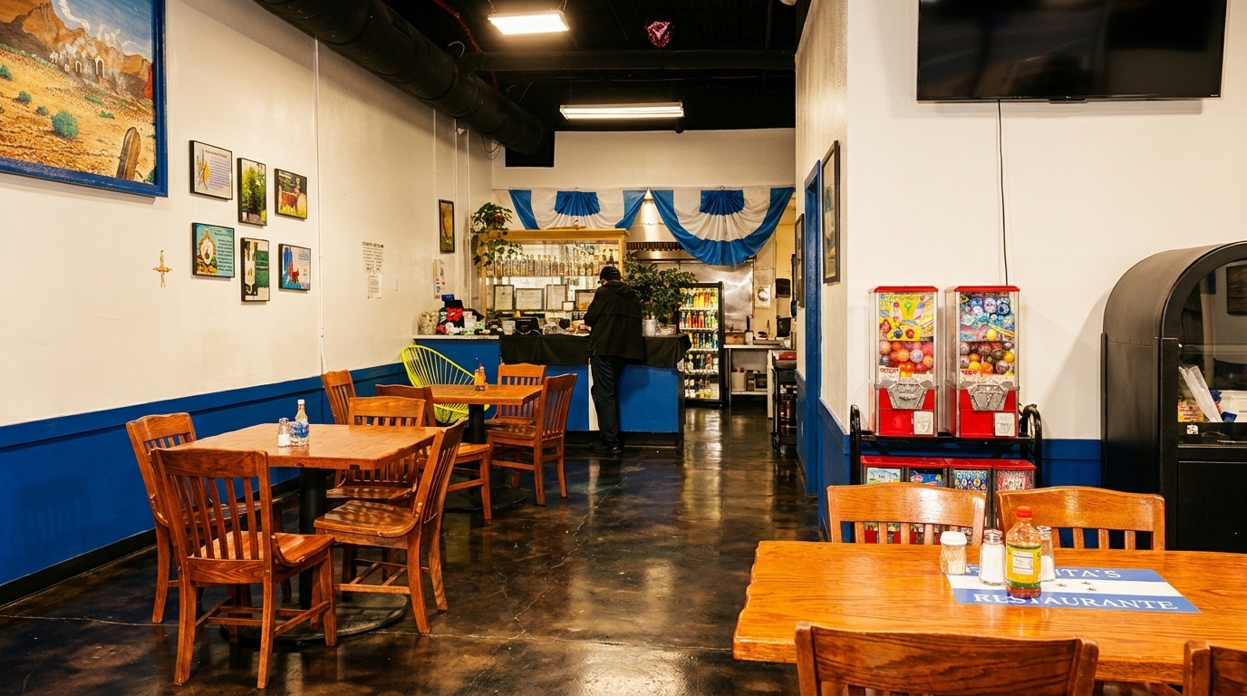 Interior of a restaurant with wooden tables and chairs, a counter with a person, and gumball machines.