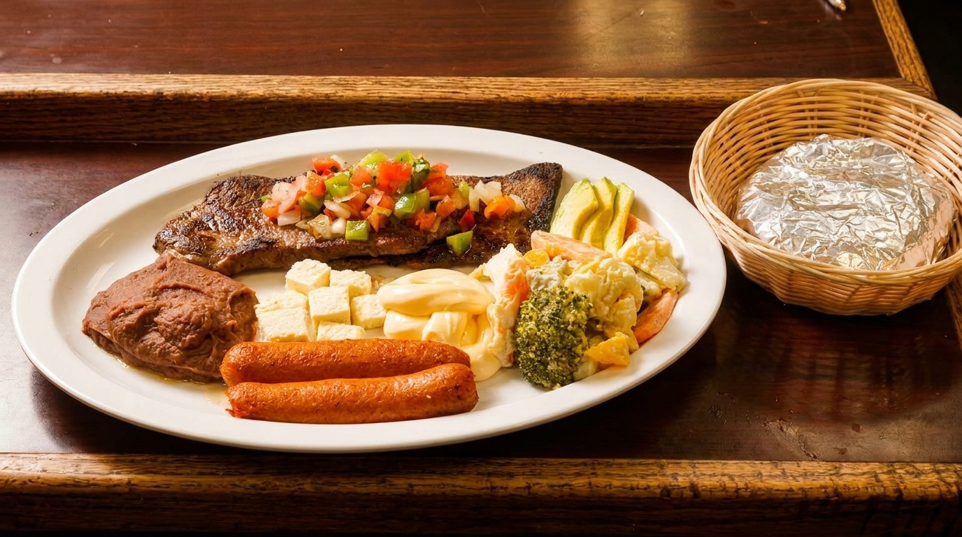 A platter of grilled steak with pico de gallo, beans, sausages, cheese, avocado, and vegetables.