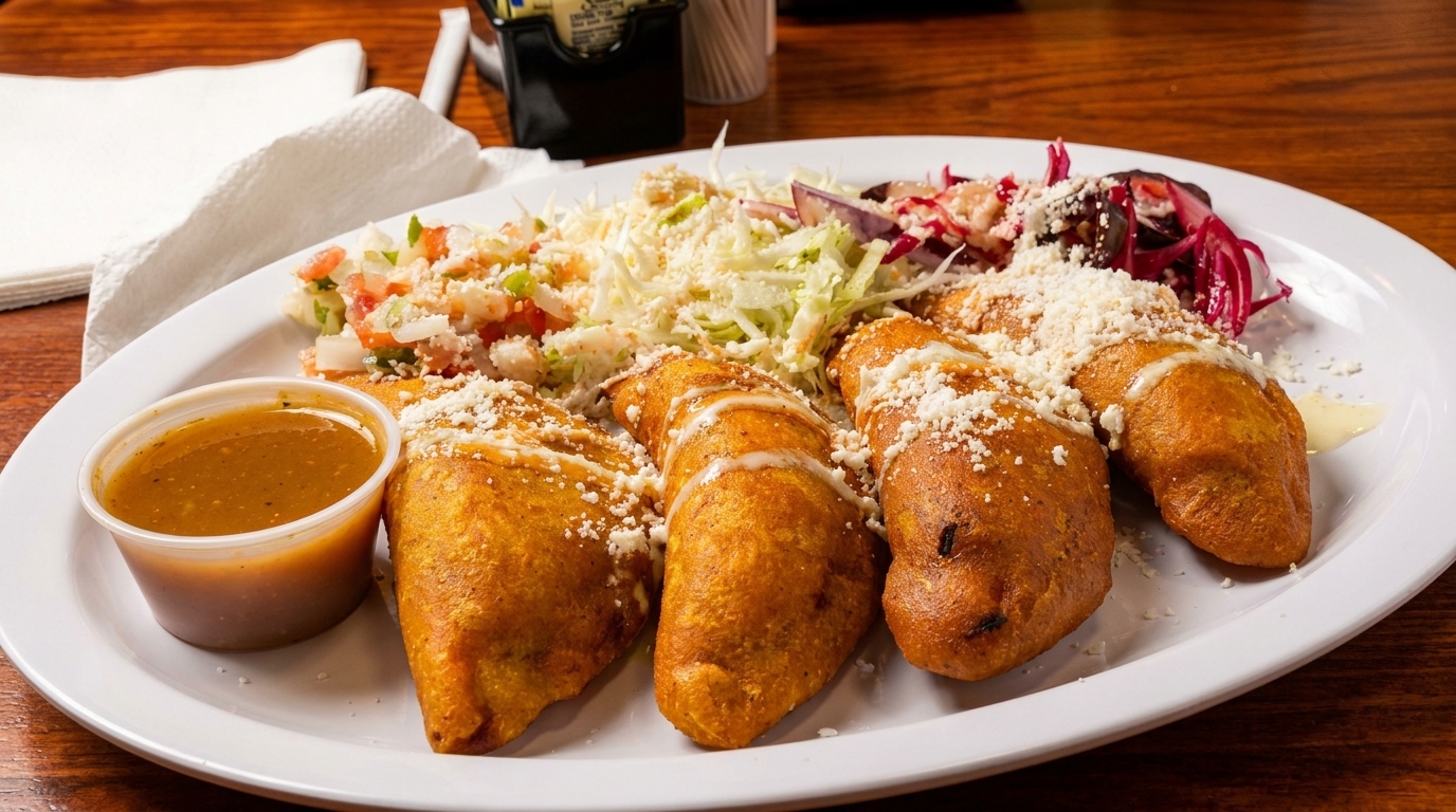Four golden-brown empanadas topped with cheese and sauce, served with salsa, cabbage, and a side of dipping sauce.