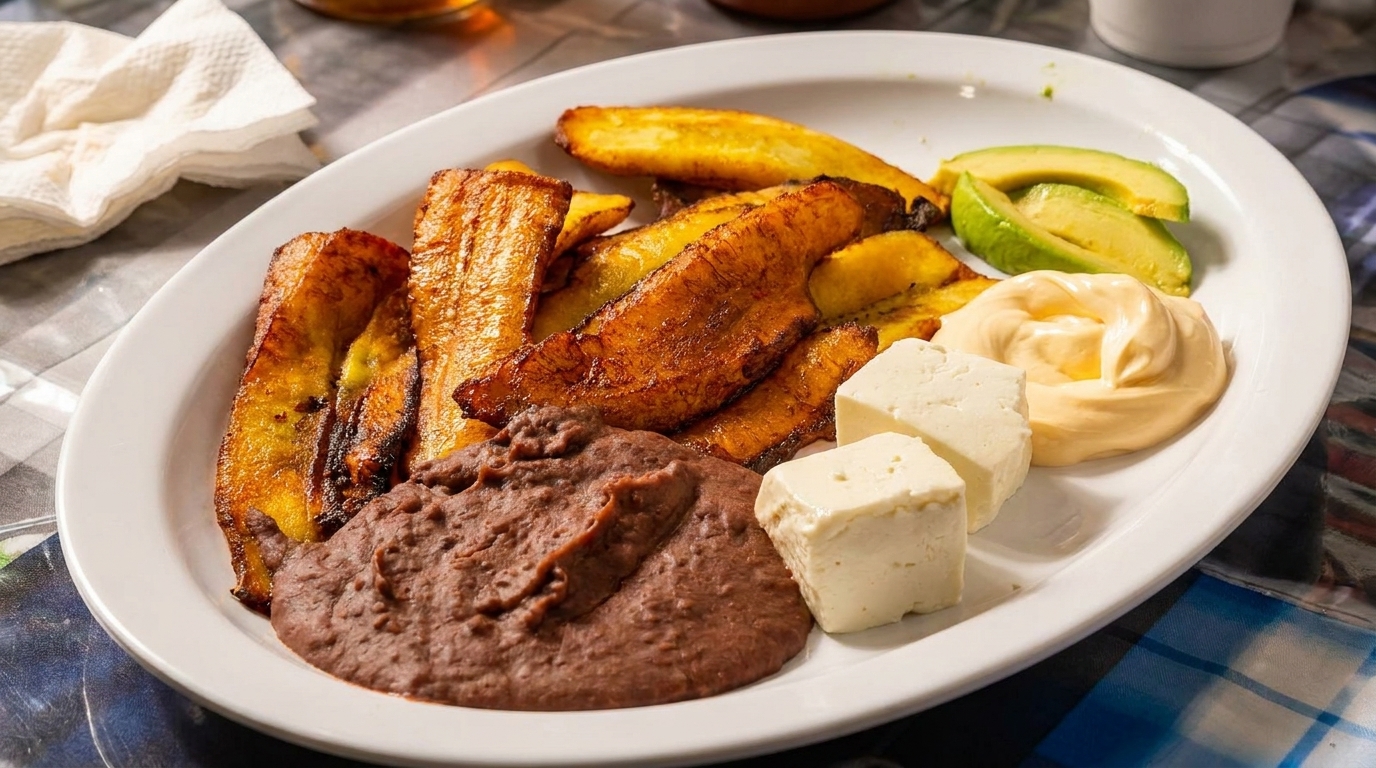 A white plate with fried plantains, refried beans, avocado slices, cheese cubes, and a creamy sauce.