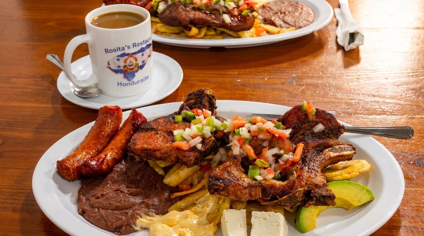 Two plates of Honduran food with pork chops, sausage, beans, fries, avocado, and a coffee mug.