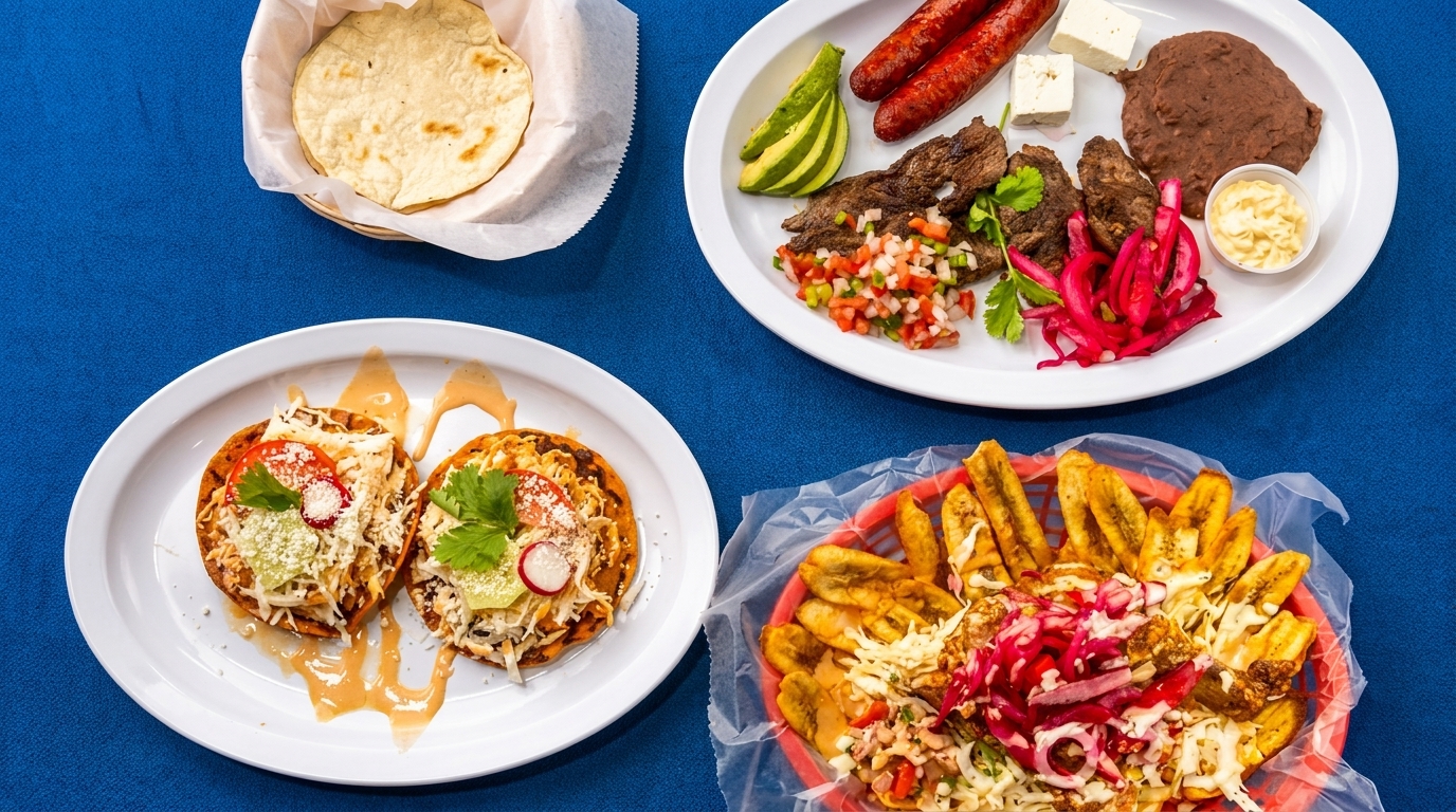 A vibrant spread of Latin American dishes, including tacos, plantains, grilled meat, and sausages.
