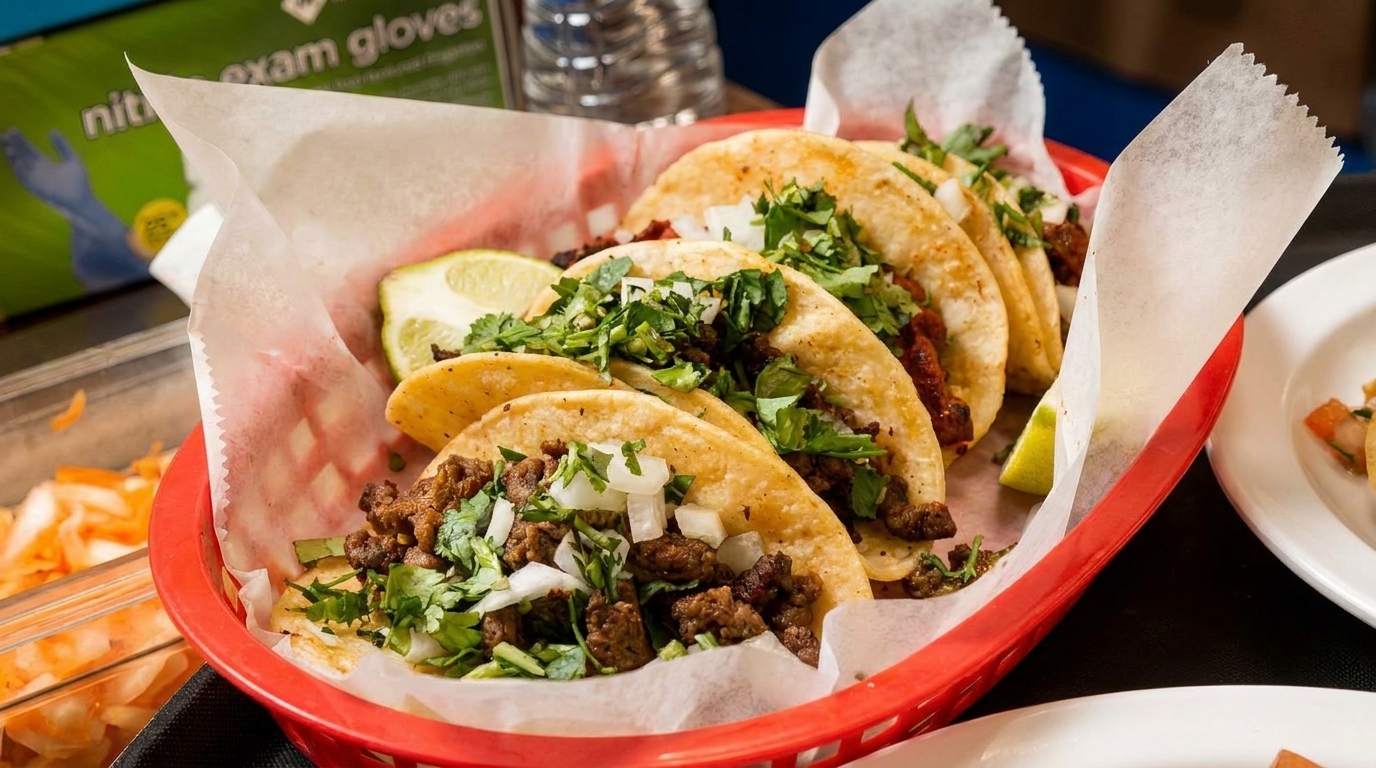 Five street tacos with meat, cilantro, and onions in a red basket with lime wedges.