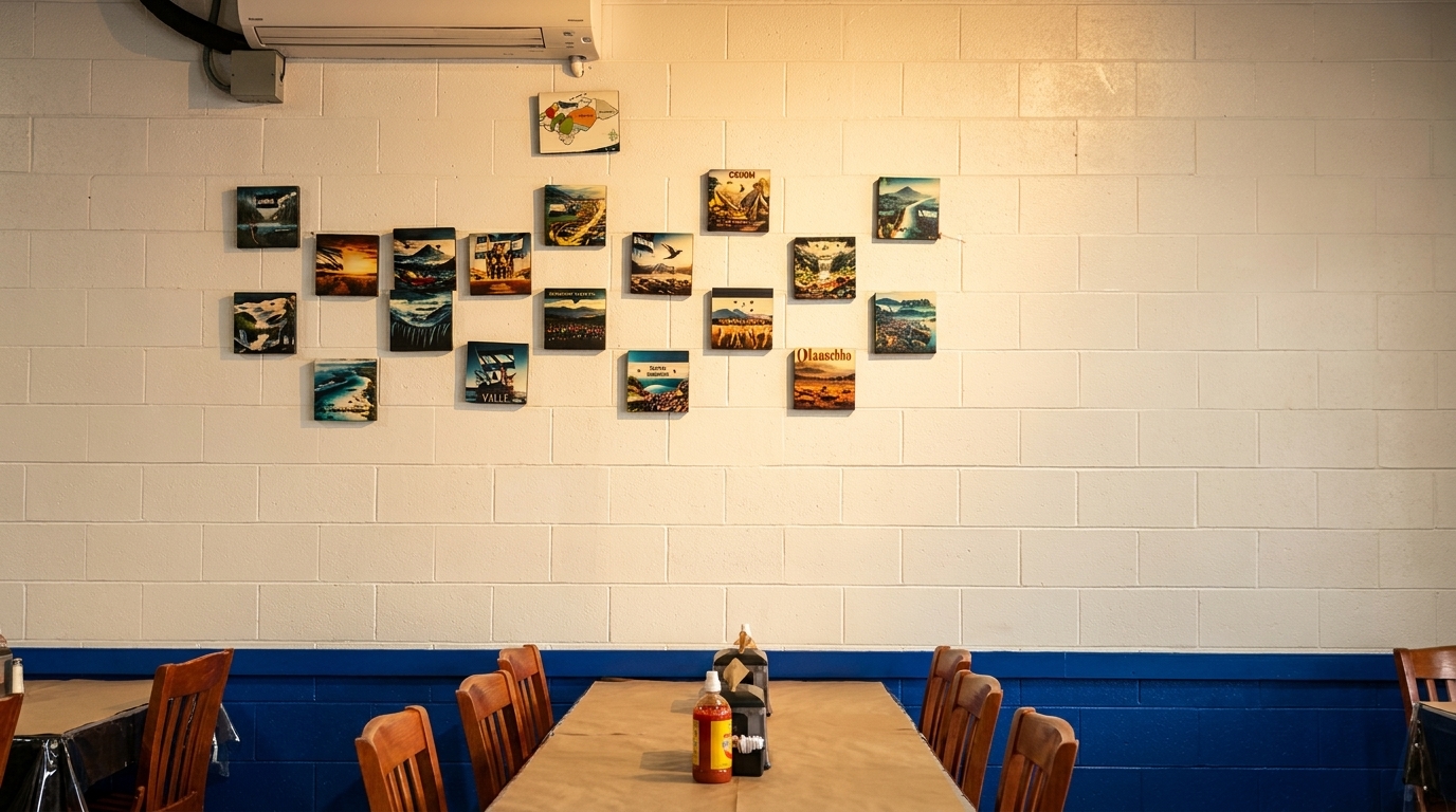 Restaurant interior with white brick walls adorned with small landscape paintings, and wooden tables with chairs.