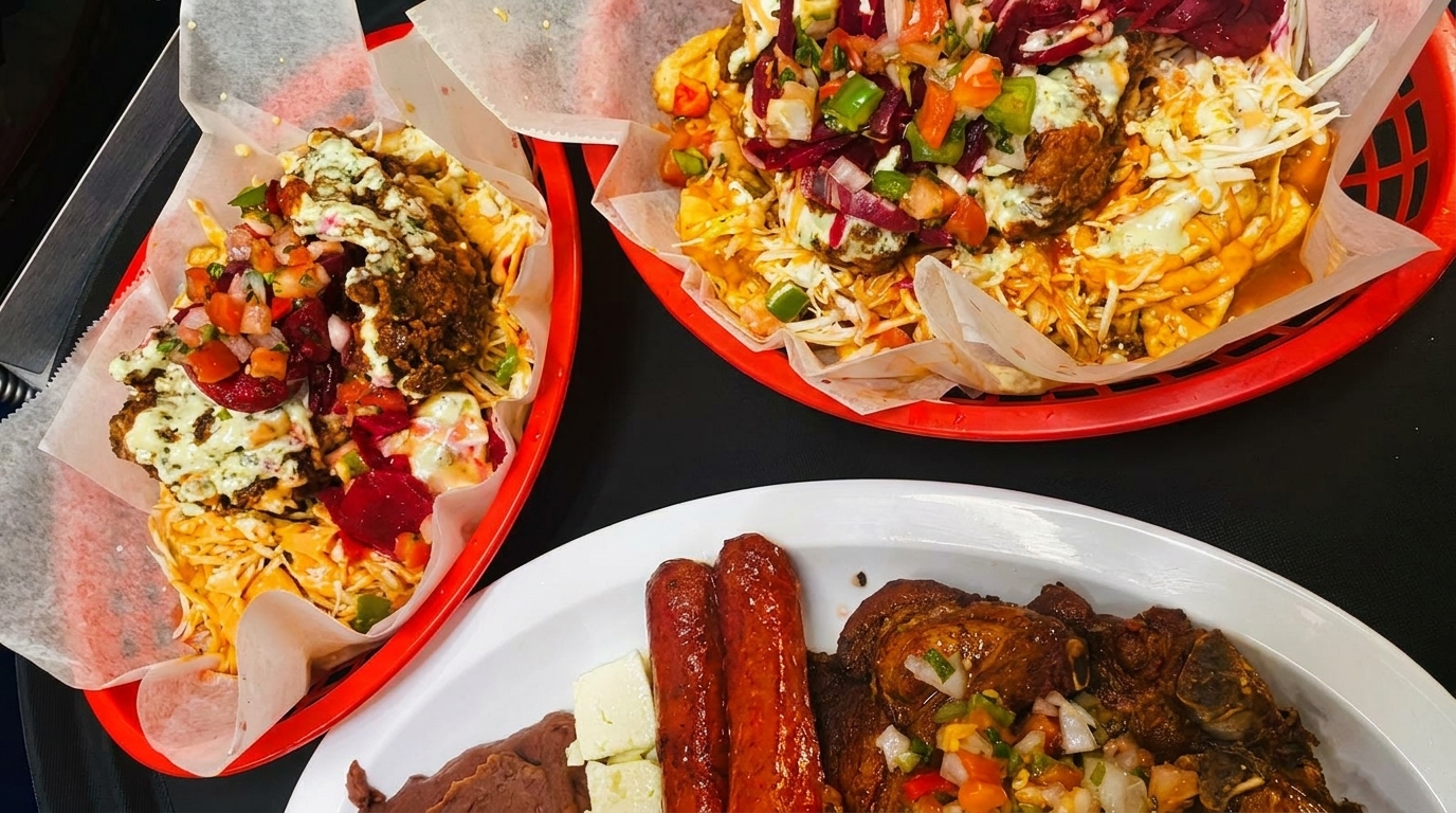 Two baskets of loaded fries with salsa and sauce, alongside a plate of meat, sausage, and beans.