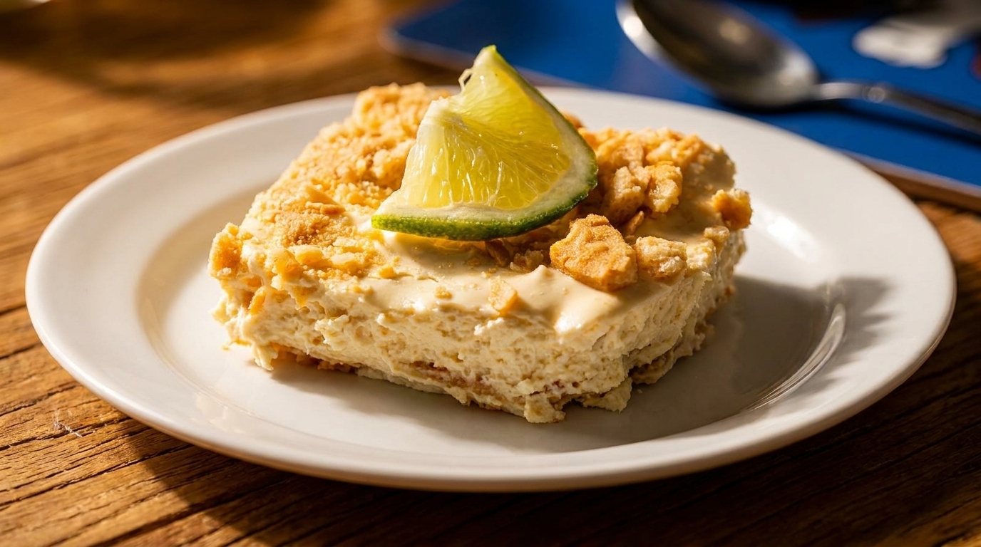 A slice of creamy dessert topped with crunchy crumbs and a lime wedge on a white plate.