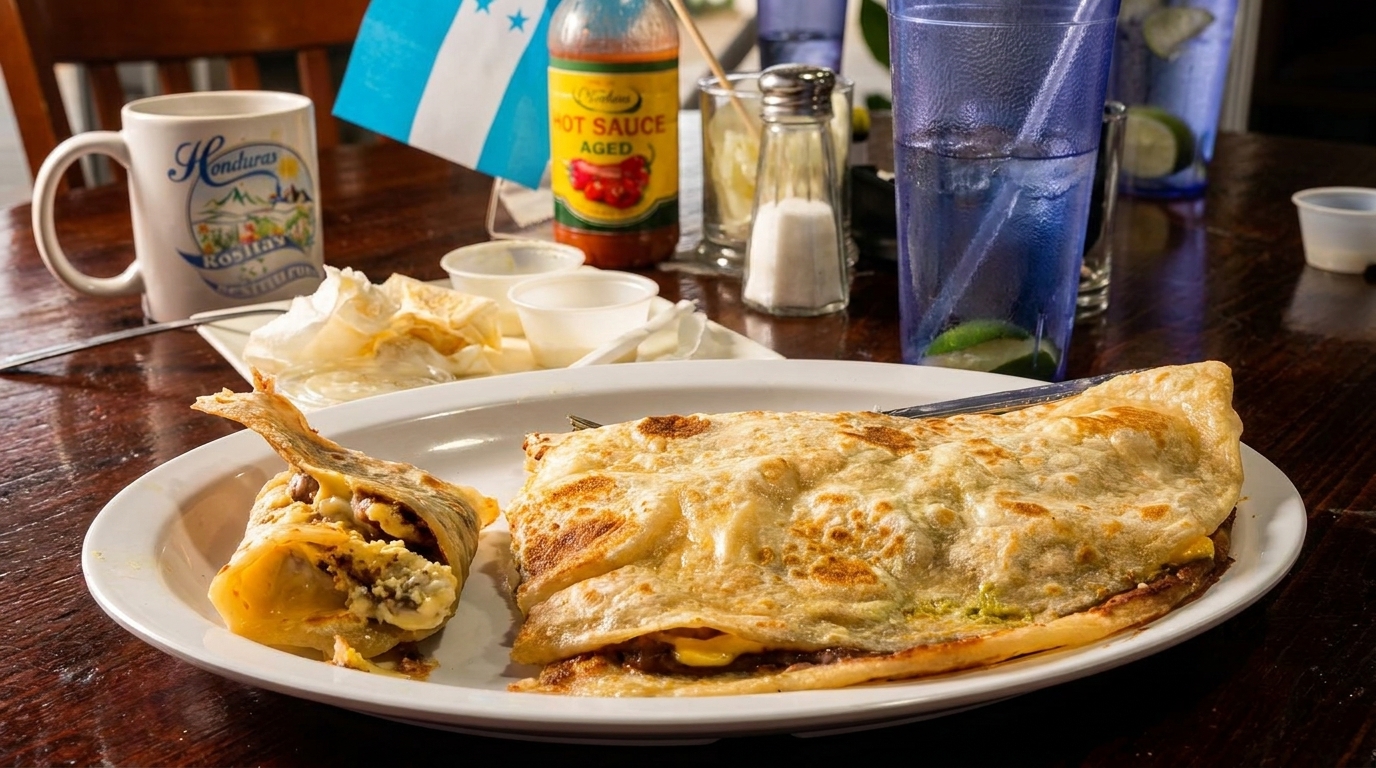 Honduran breakfast with a baleada, a burrito, hot sauce, and a coffee mug on a wooden table.