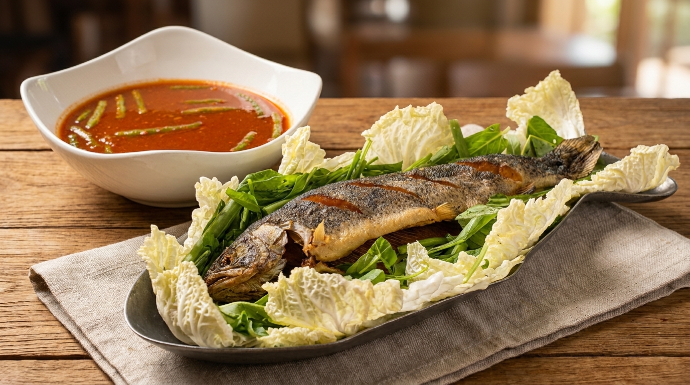 Grilled fish on a bed of greens and cabbage, with a bowl of red soup on a wooden table.