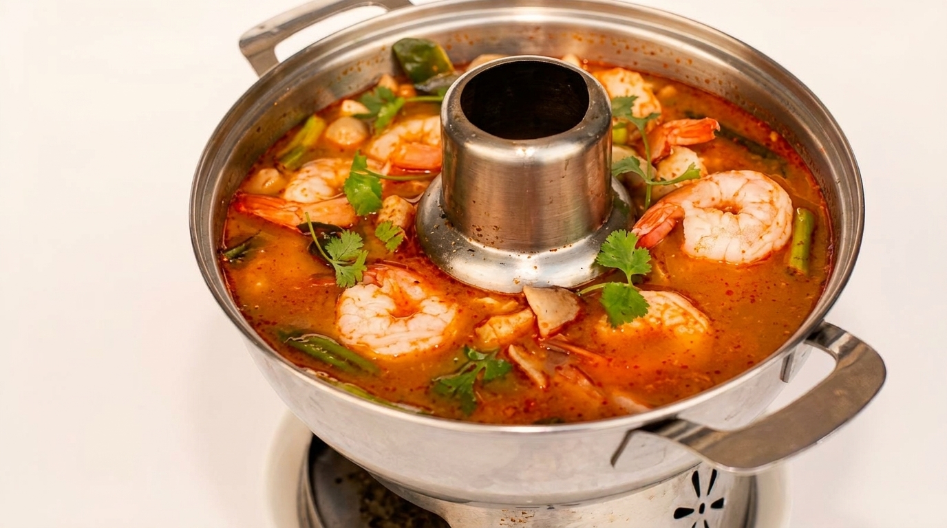 Spicy Tom Yum Goong soup with shrimp and herbs in a traditional Thai hot pot.