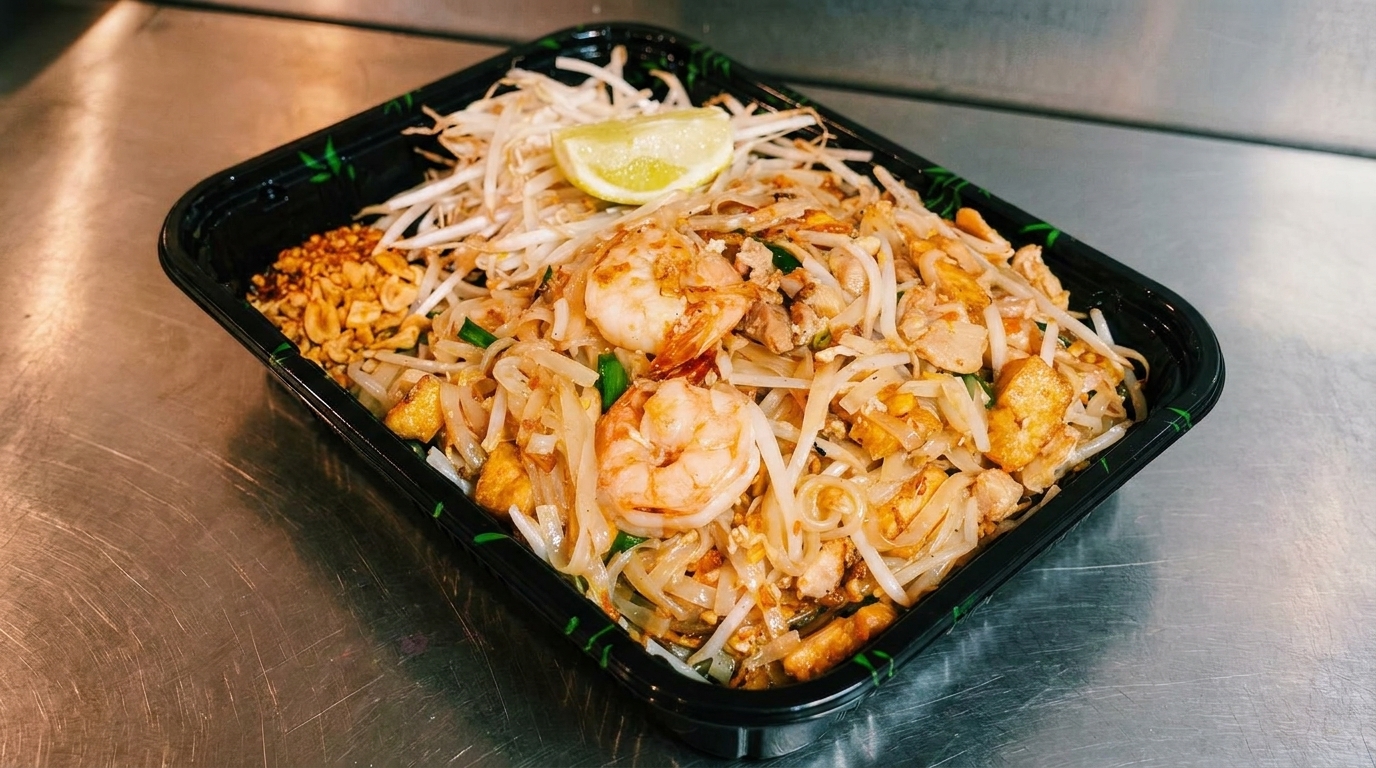 Pad Thai with shrimp, chicken, bean sprouts, peanuts, and a lime wedge in a takeout container.