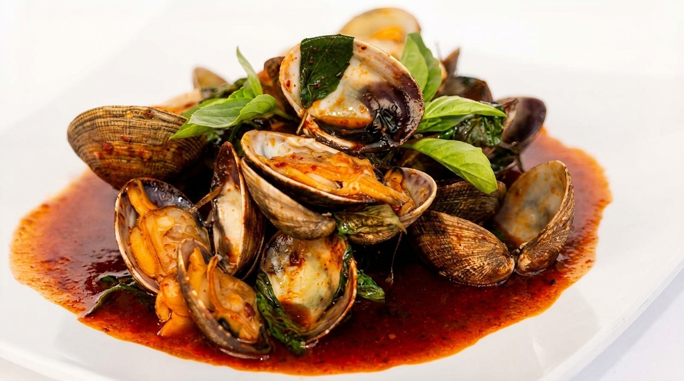 Clams in a rich red sauce with fresh basil leaves on a white rectangular plate.