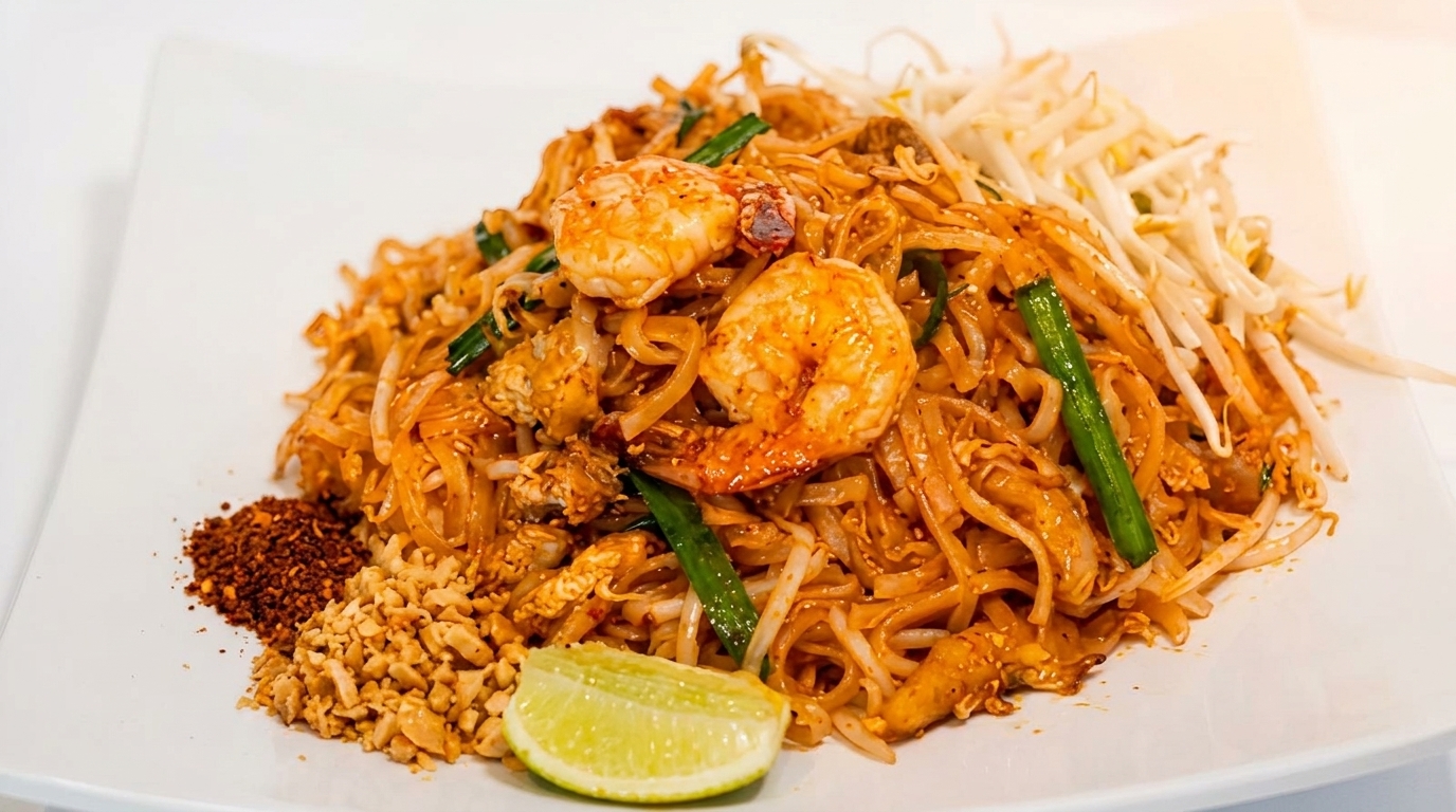 Pad Thai with shrimp, bean sprouts, peanuts, chili flakes, and a lime wedge on a white plate.