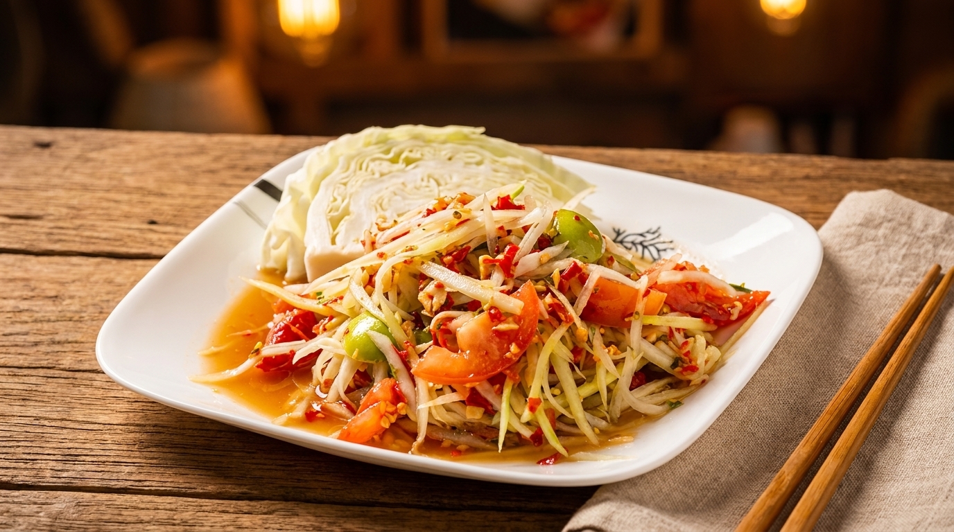 Spicy green papaya salad with tomatoes and cabbage on a white plate with chopsticks.
