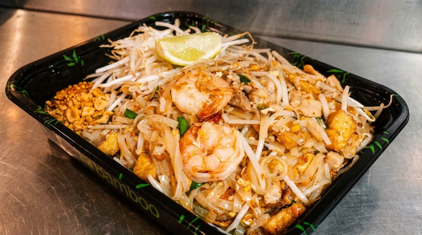 Pad Thai with shrimp, chicken, tofu, bean sprouts, peanuts, and a lime wedge in a black container.