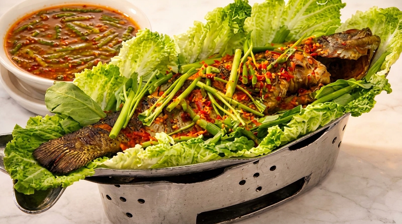 Whole steamed fish with chili, herbs, and lettuce, served with a side of green bean soup.