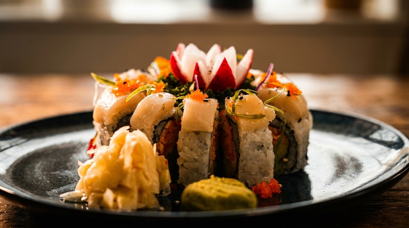 Sushi rolls with fish, roe, and a radish garnish, served with ginger and wasabi.