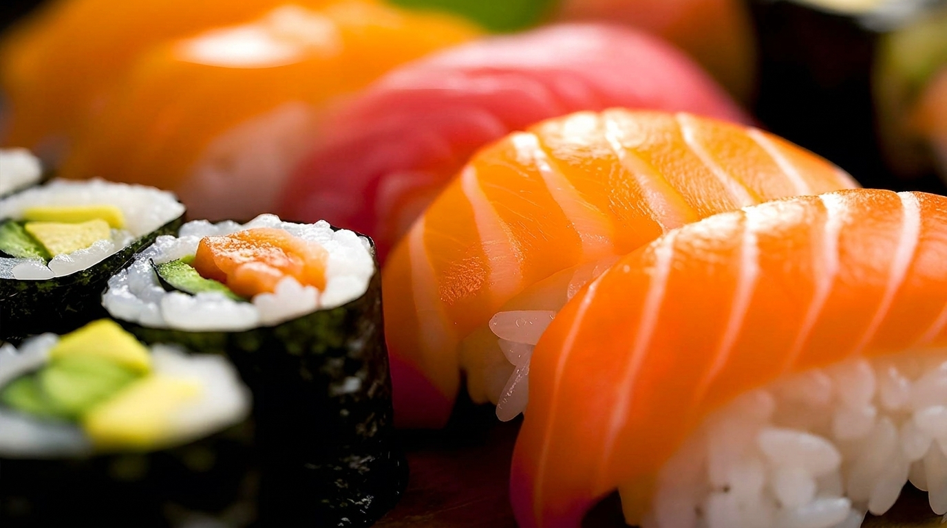 Close-up of vibrant sushi rolls and nigiri with salmon, tuna, and avocado.