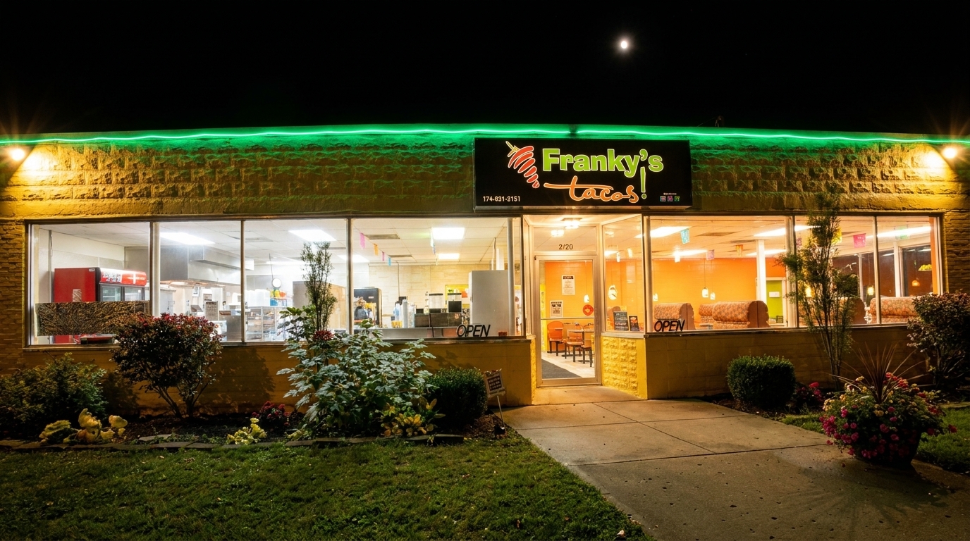 Franky's Tacos restaurant exterior at night, with bright green neon lights and illuminated windows.