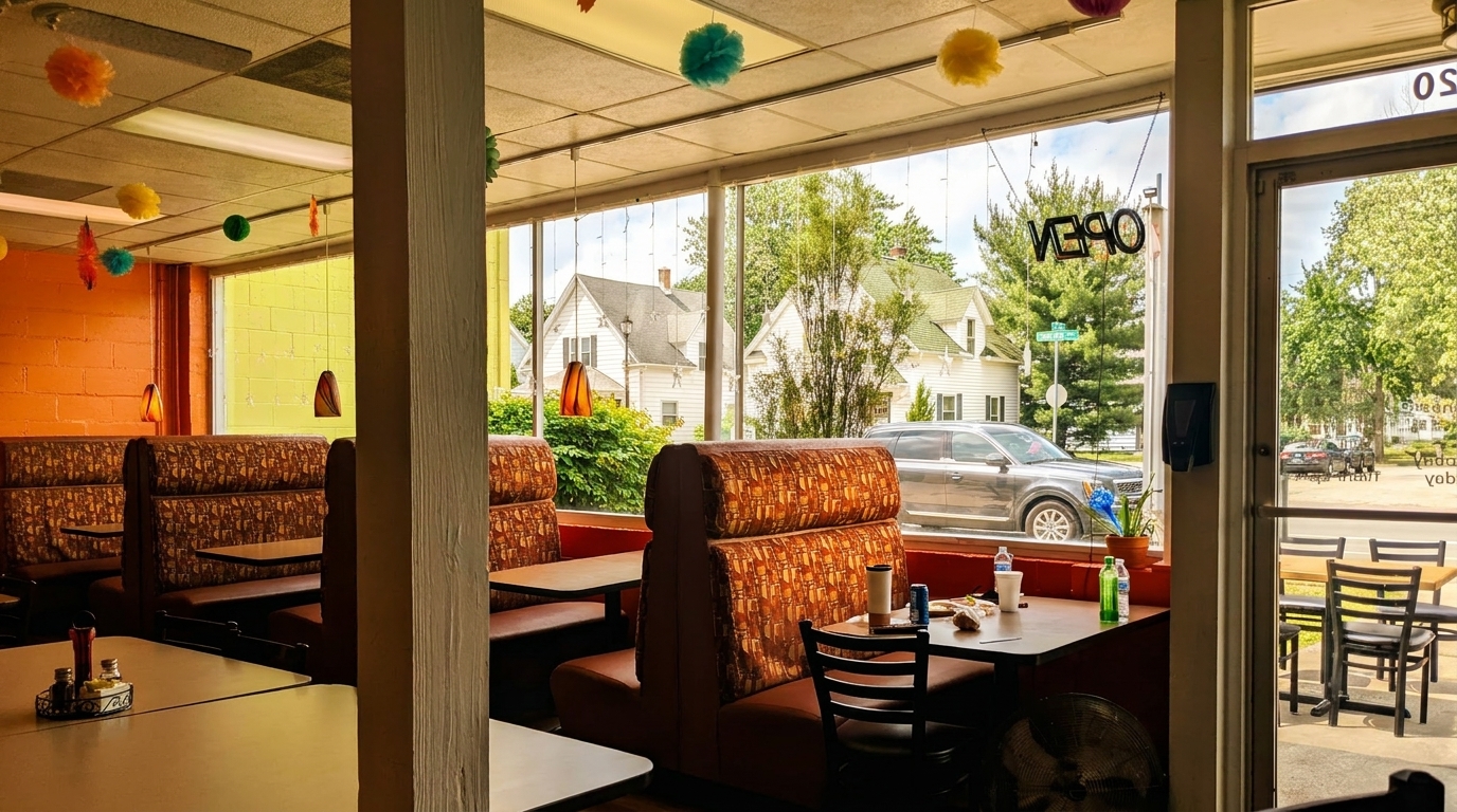 Interior of a diner with orange and yellow walls, booth seating, and an "OPEN" sign in the window.