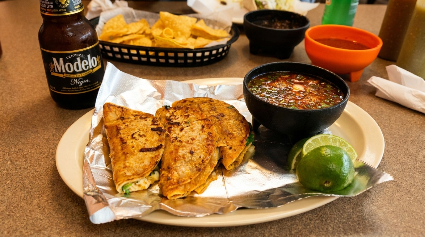A plate of quesadillas with a side of soup, lime, and a Modelo beer bottle.