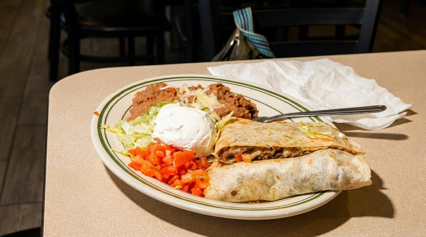 A plate of Mexican food with a burrito, quesadilla, refried beans, sour cream, and diced tomatoes.