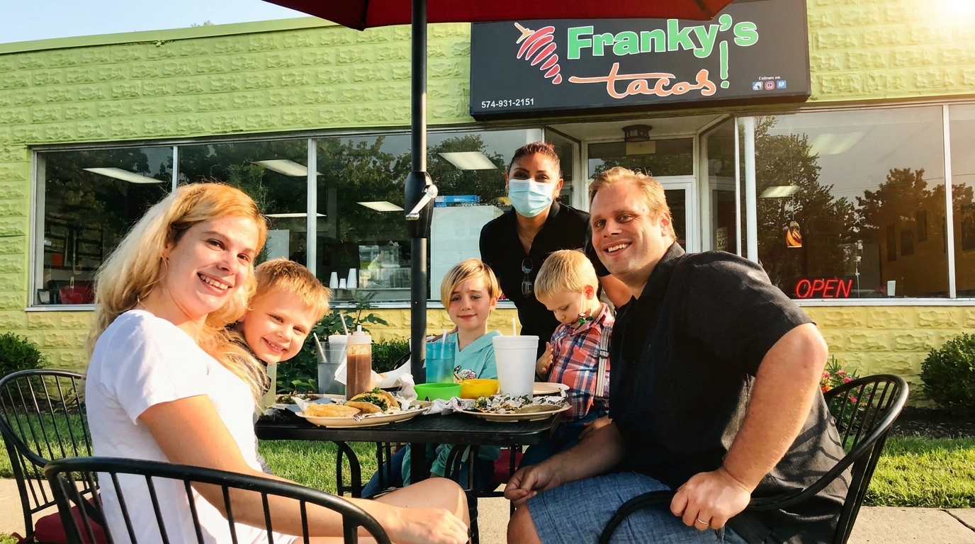 Family with two children and a masked server enjoying tacos at an outdoor table at Franky's Tacos.
