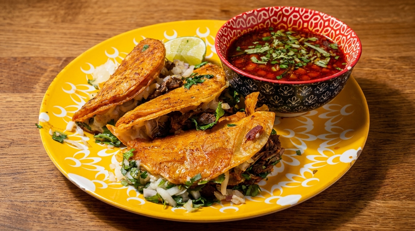 Three golden-brown birria tacos with cilantro, onions, and lime, served with a side of consommé.