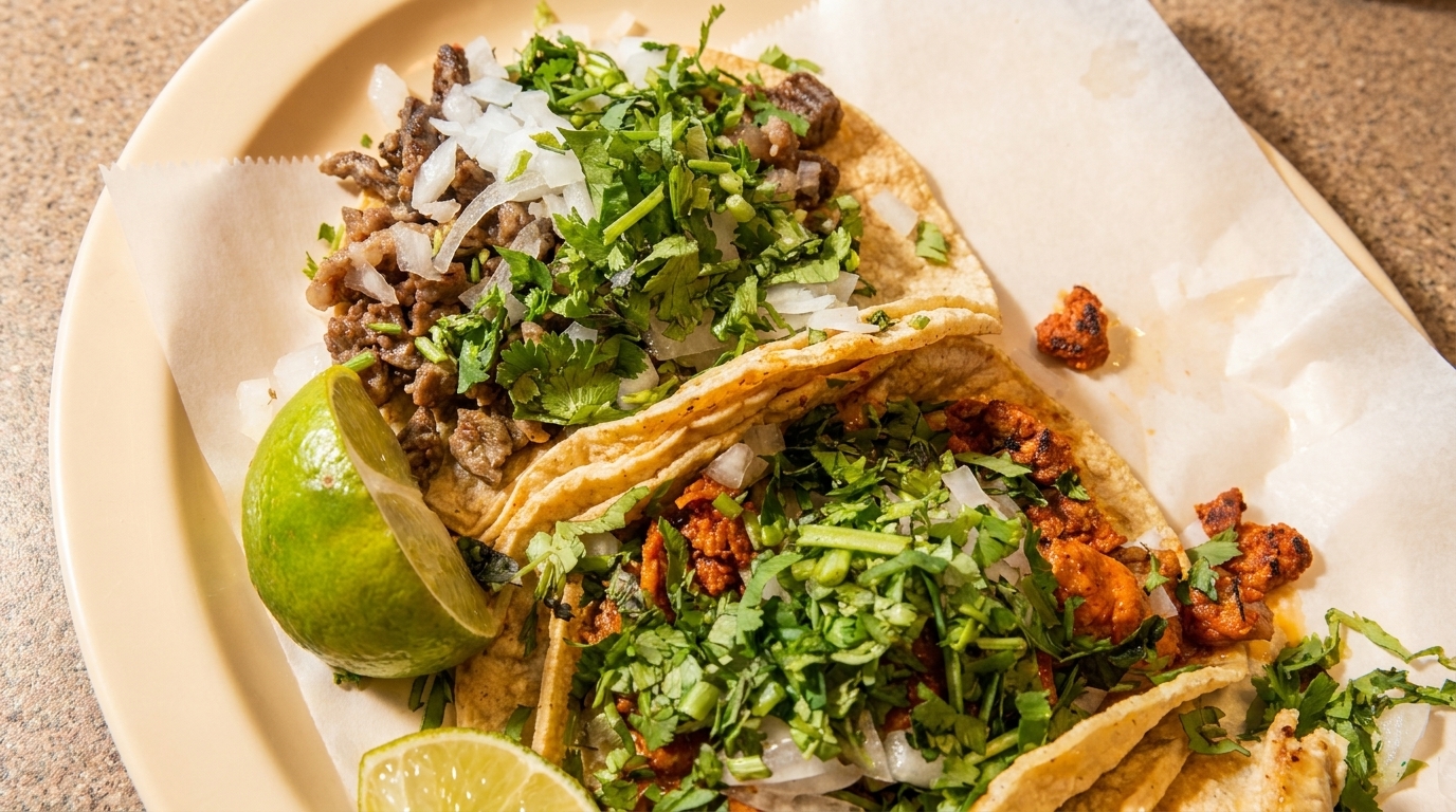 Two street tacos, one with carne asada and one with al pastor, garnished with cilantro, onions, and lime.