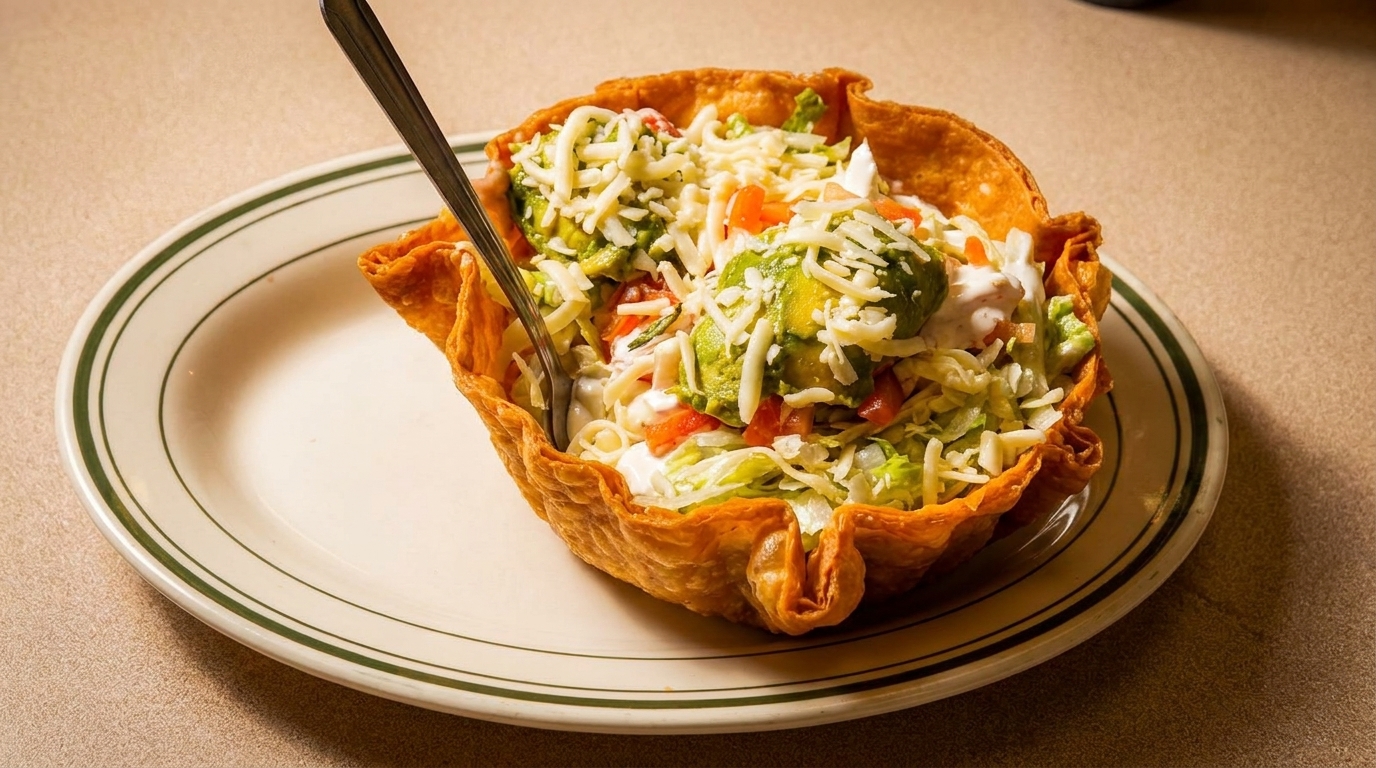 Taco salad in a crispy fried tortilla bowl, topped with lettuce, avocado, cheese, and sour cream.