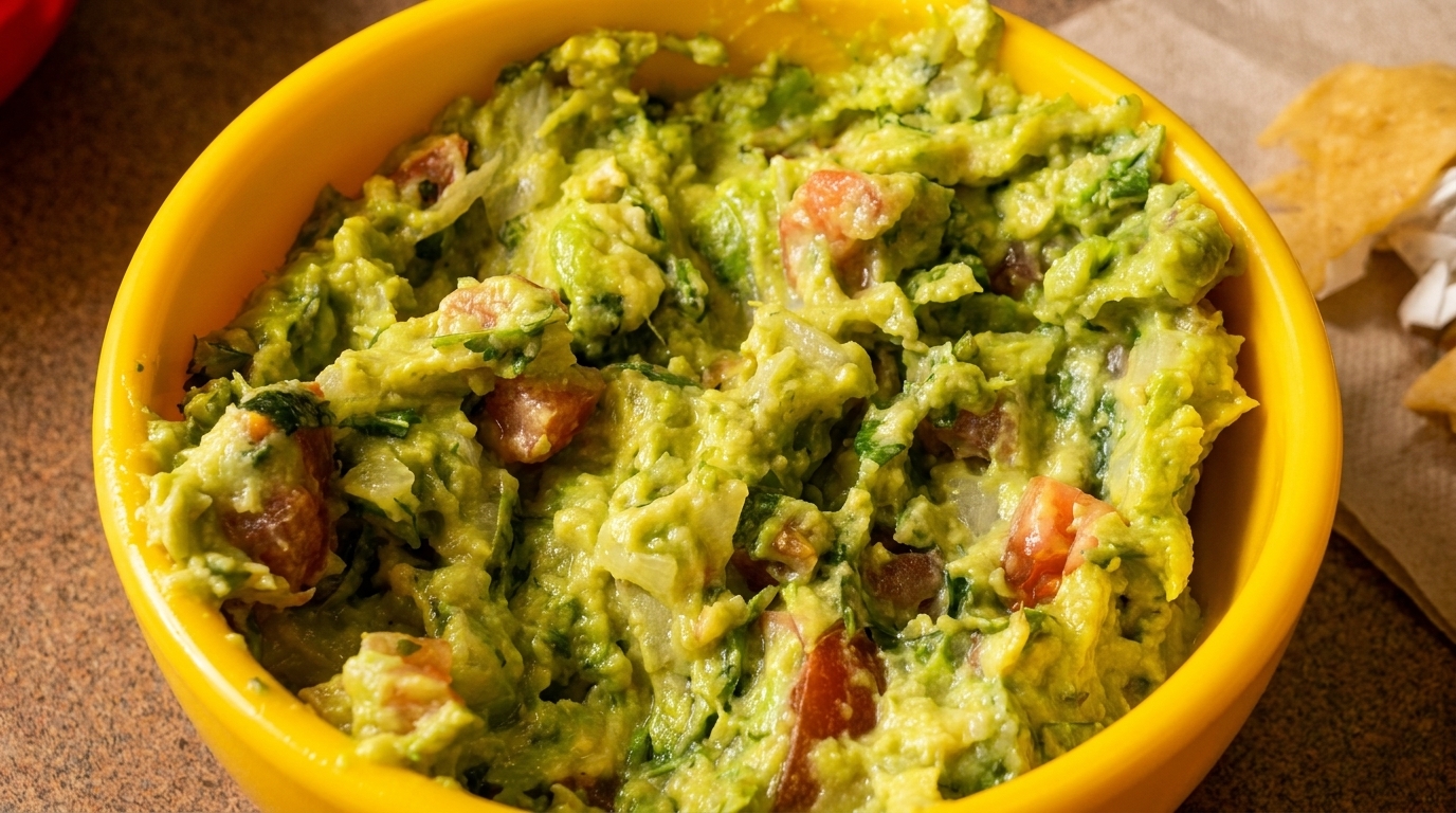 Bright green guacamole with visible chunks of tomato and onion in a yellow bowl.