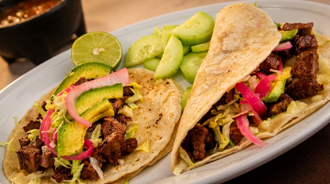 Two carne asada tacos with avocado, red onion, and lettuce, served with lime and cucumbers.