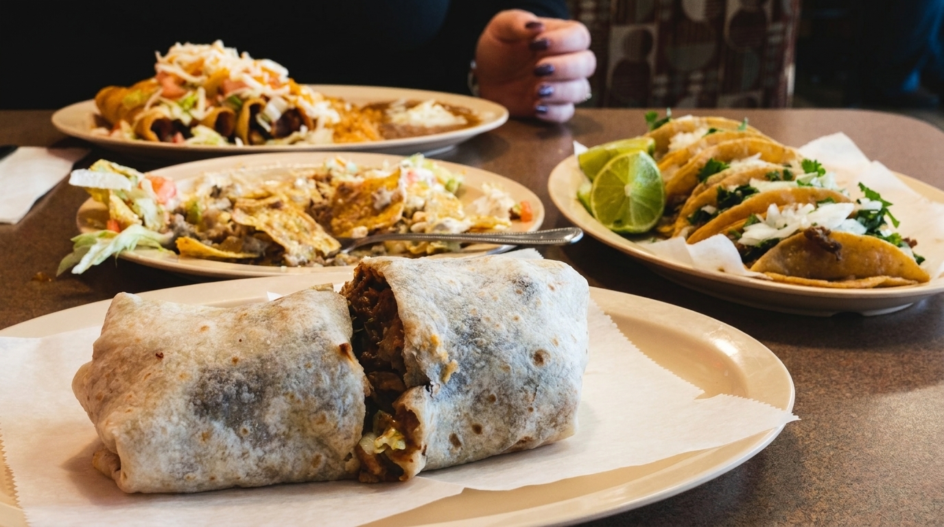 A table laden with Mexican dishes: a large burrito, tacos, enchiladas, and chilaquiles.
