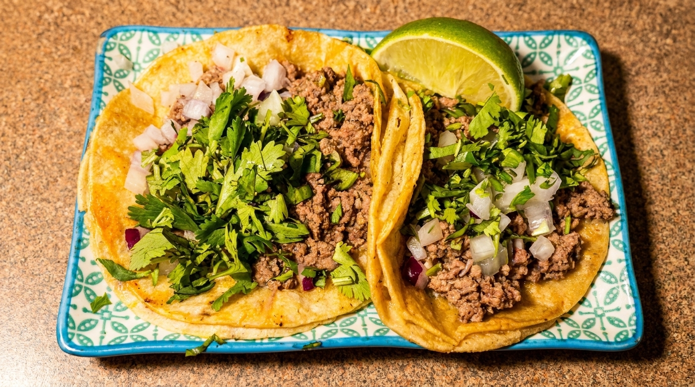 Two delicious tacos with ground meat, cilantro, and diced onions, served with a lime wedge.