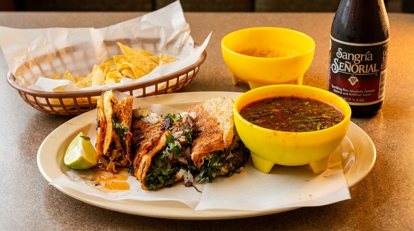 Three birria tacos with lime, a bowl of consommé, tortilla chips, and a bottle of Sangría Señorial.