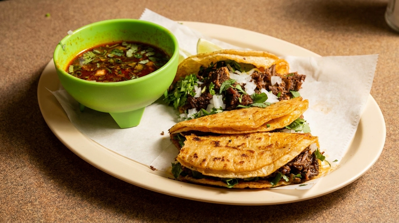 Three birria tacos with cilantro and onions, served with a side of consommé and lime.