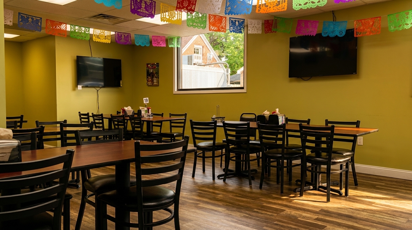 Restaurant dining room with lime green walls, dark tables and chairs, and colorful papel picado banners.