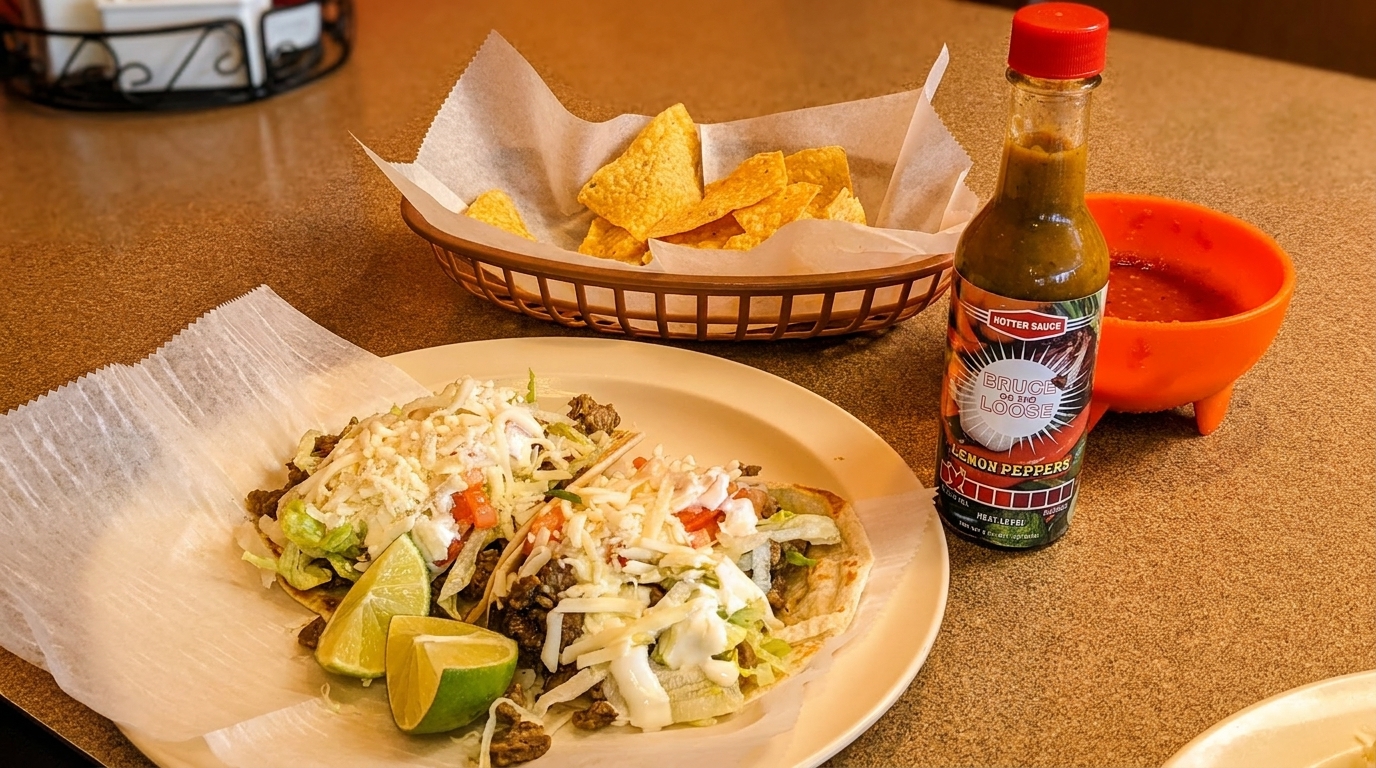 Two tacos with lime wedges, a basket of chips, and a bottle of hot sauce on a table.