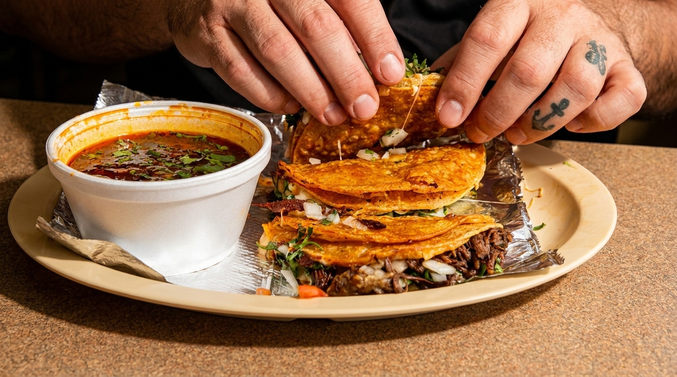 Hands holding a cheesy birria taco over a plate with more tacos and a cup of consommé.